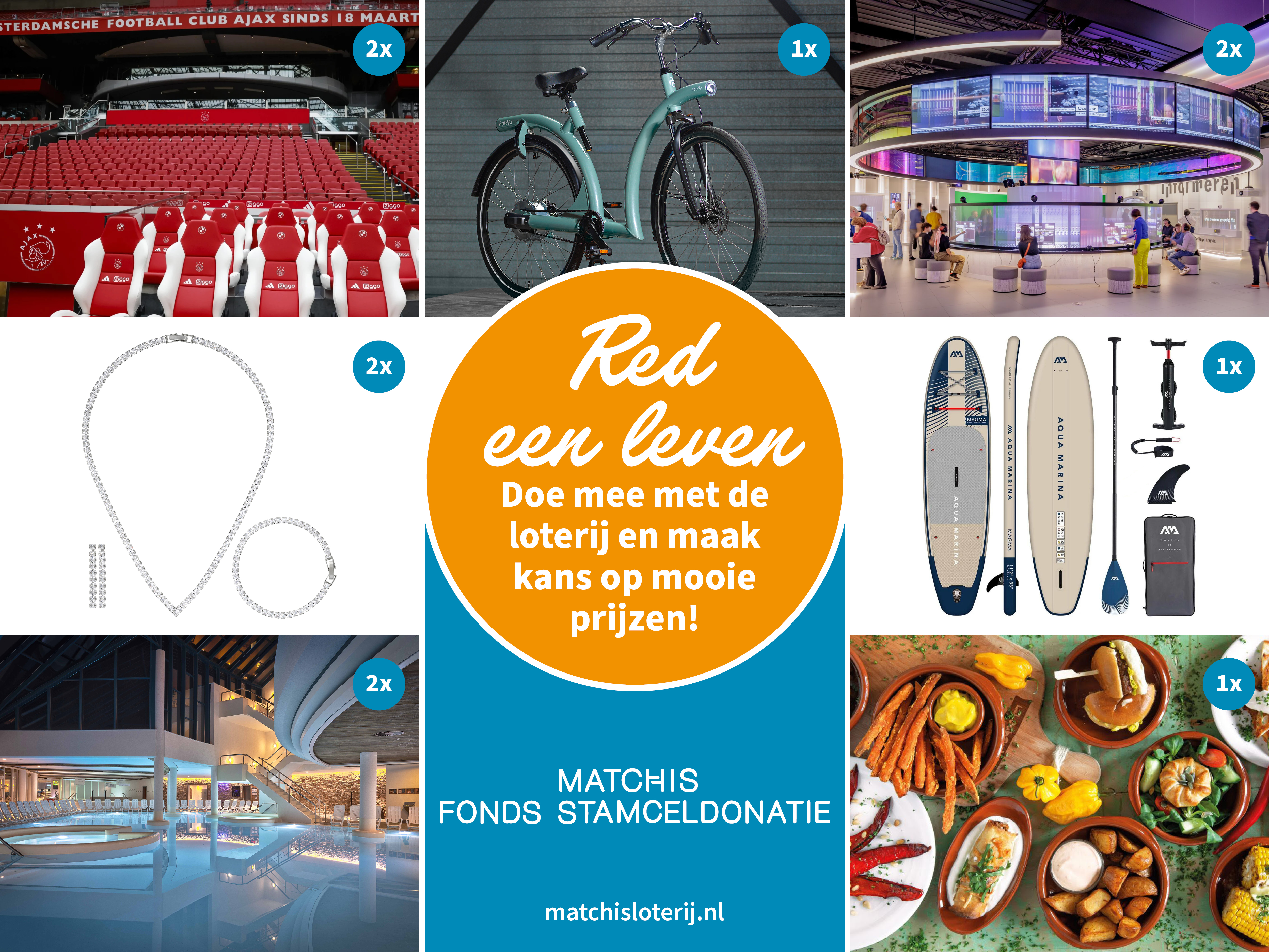 Een collage van de prijzen die je kunt winnen met de Matchis loterij